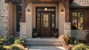 Craftsman entry with stained wood door, decorative glass sidelights and transom, Replacement Door San Bernardino, CA