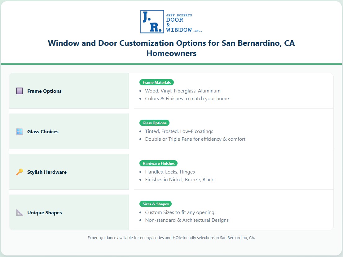 Infographic of frame, glass, hardware and shape choices for replacement windows San Bernardino, CA homeowners.