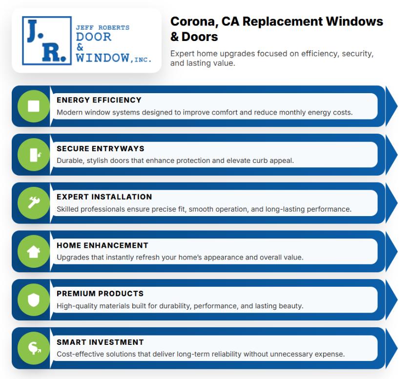 Infographic highlighting replacement windows and doors Corona, CA, featuring benefits such as energy efficiency, secure entryways, expert installation, home enhancement, premium products, and smart investment value.