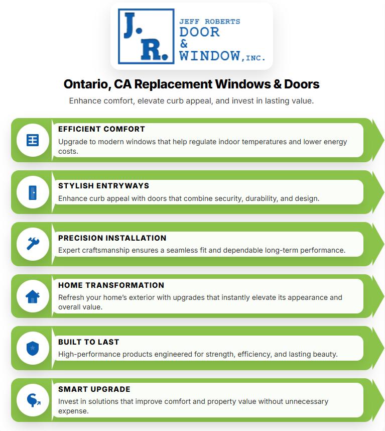 Modern home office with large black-framed windows overlooking a green yard, highlighting stylish and energy-efficient replacement windows and doors Ontario, CA.