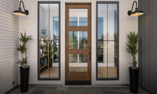 Modern front entry with tall replacement windows and glass door in Corona, CA