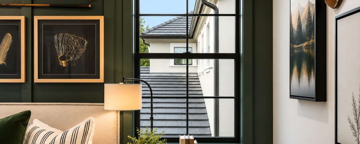 Modern black framed window bringing natural light into a stylish Corona, CA living space