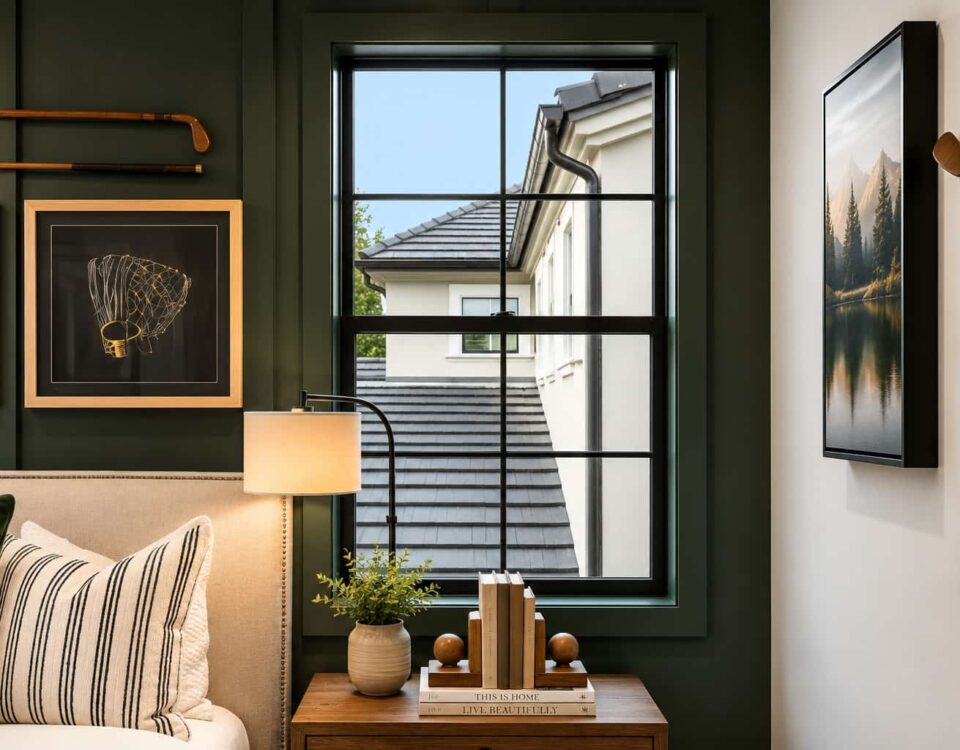 Modern black framed window bringing natural light into a stylish Corona, CA living space