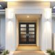 Modern front entry with black double doors highlighting Ontario, CA windows and exterior design