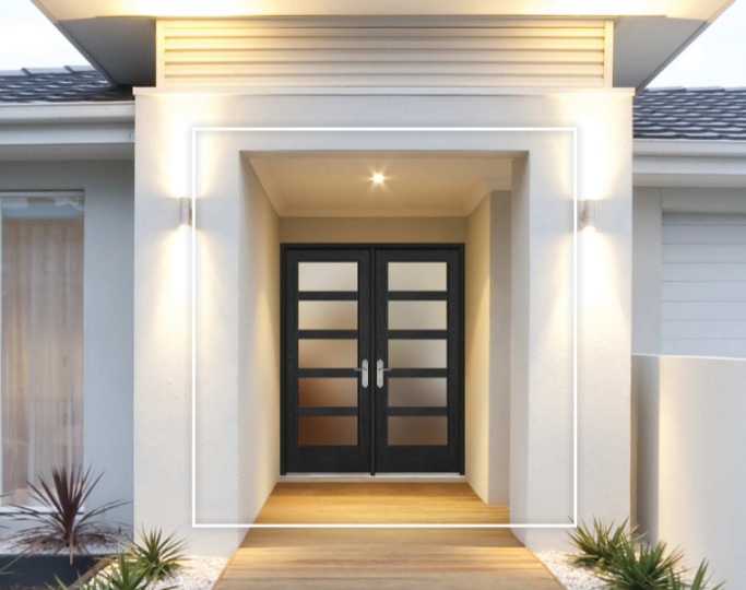 Modern front entry with black double doors highlighting Ontario, CA windows and exterior design