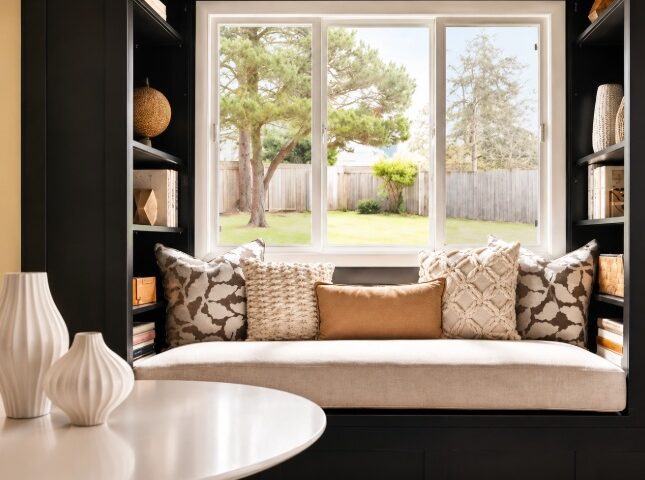 Cozy window seat featuring large Corona, CA windows with abundant natural light