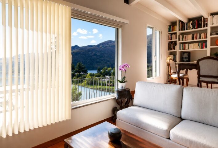 Vertical blinds framing Ontario, CA window replacement with scenic outdoor view