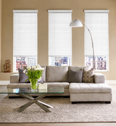 Modern living room featuring bright Ontario, CA windows with white blinds