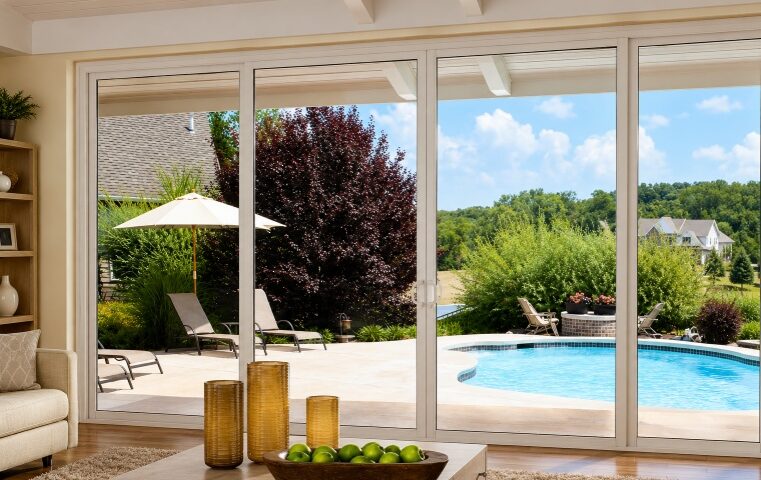 Large glass doors showcasing an Ontario, CA window replacement with a bright backyard view
