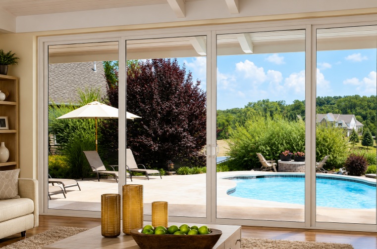 Large glass doors showcasing an Ontario, CA window replacement with a bright backyard view