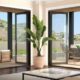 Folding patio doors with wide glass panels complement Ontario, CA windows in a modern home